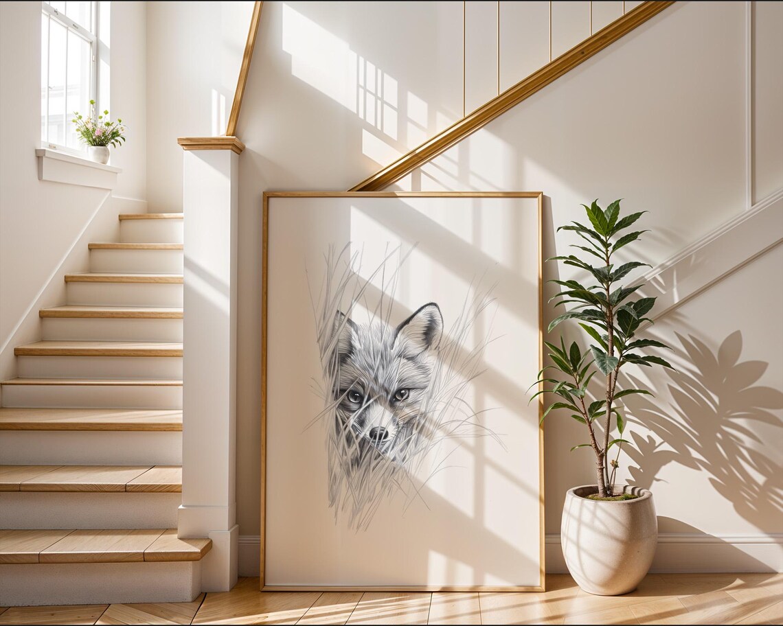 Fox Face Tall Grass Monochrome Pencil Sketch Wildlife Peeking Art Poster - Image 2