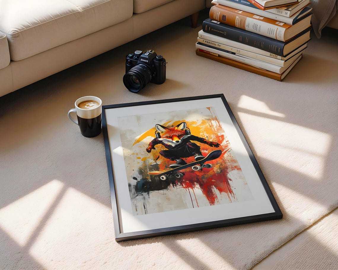 Skateboarding Fox Headphones Splash Paint Orange Action Skater Poster - Image 5