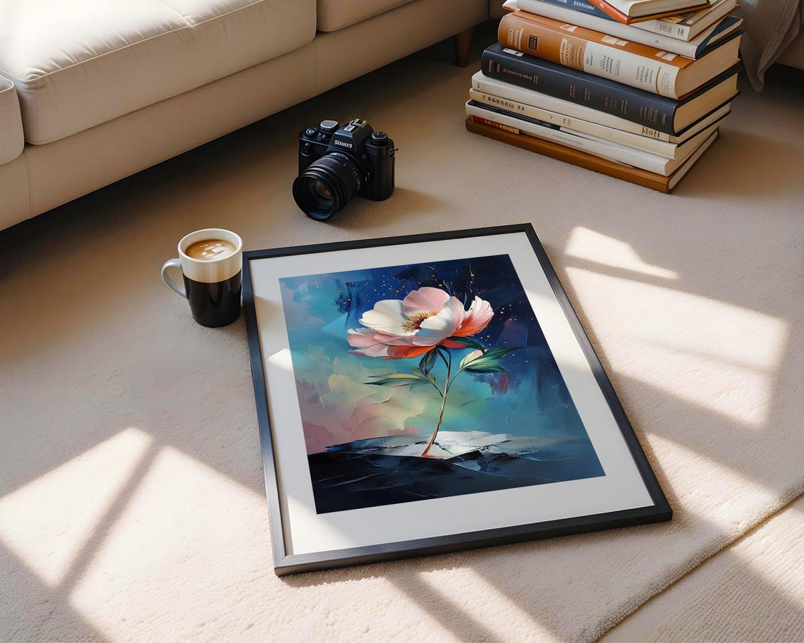 White Flower on Midnight Blue Abstract Gold Floral Style Poster - Image 5