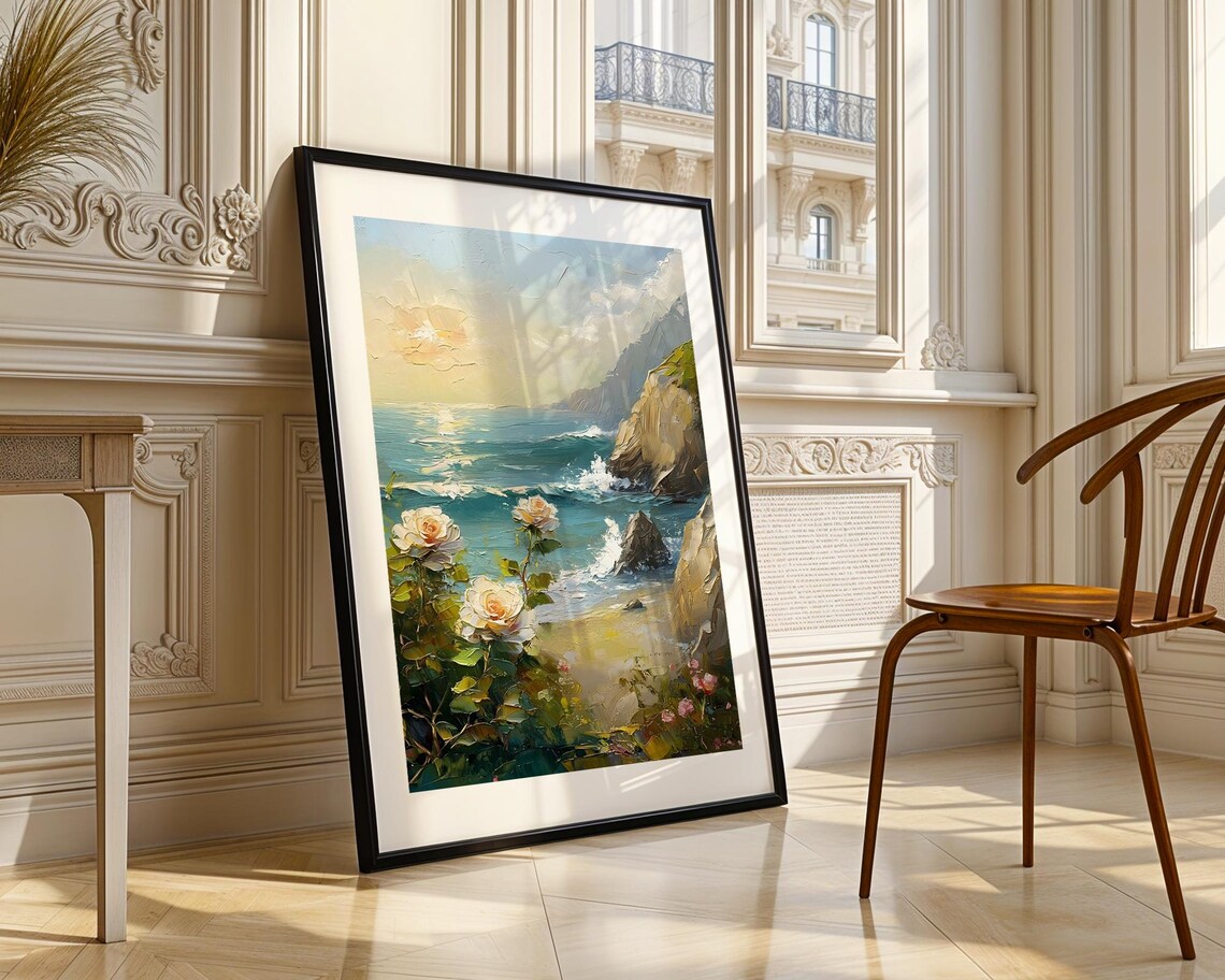 White Roses Coastal Cliff Sea Sunset Romantic Oil Painting Poster - Image 3