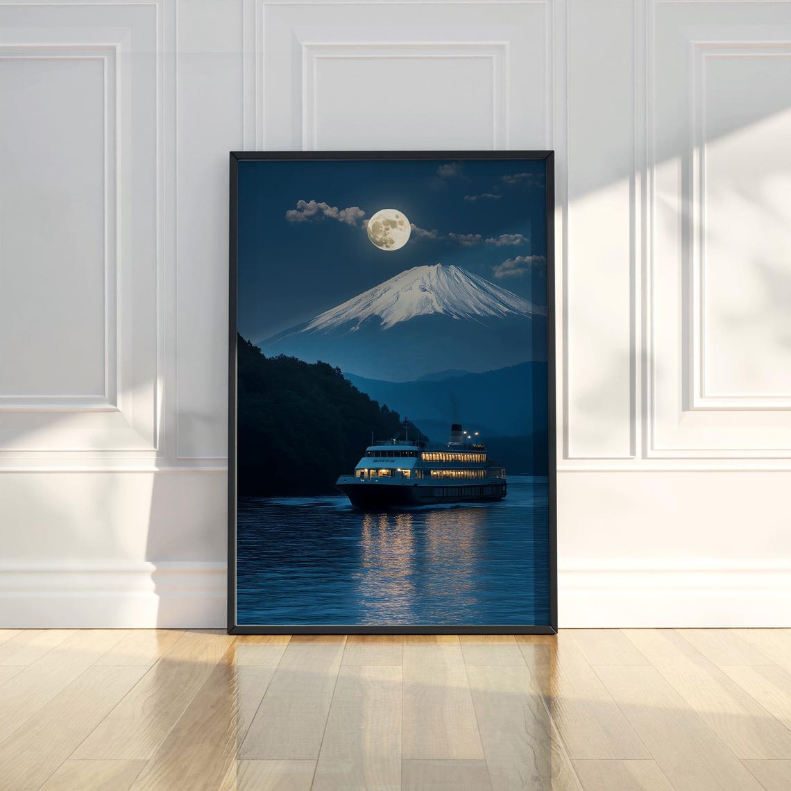 Moonlit Mount Fuji Night Cruise Ship Glowing Lake Scene Poster