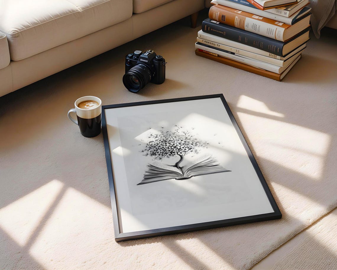 Open Book Flower Tree Growing Monochrome Sketch Reader Gift Art Poster - Image 4