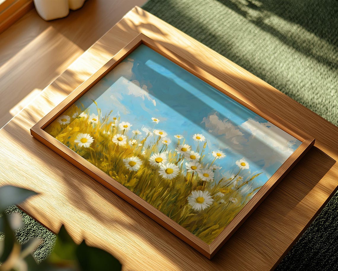 Wild Daisies Golden Wheat Field Blue Sky Summer Meadow Wall Art - Image 2