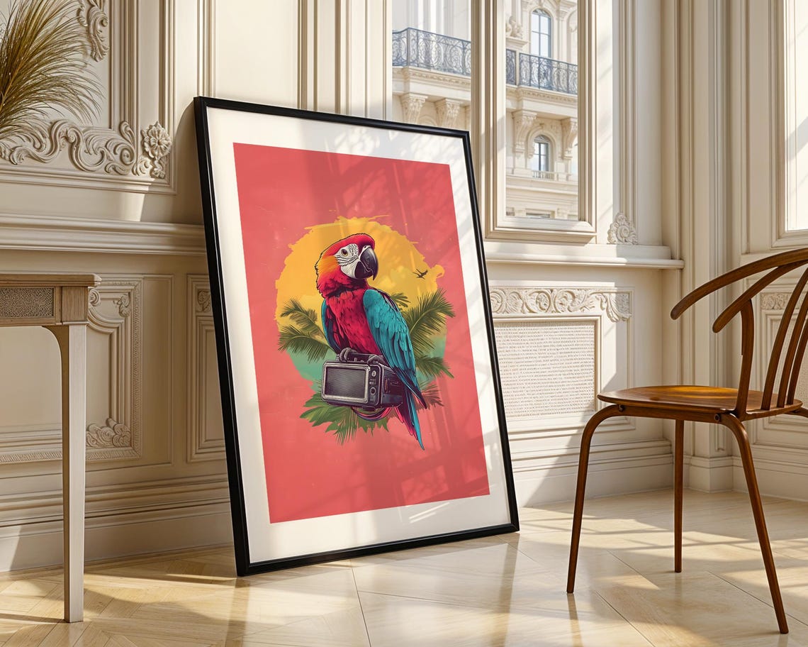 Scarlet Macaw Parrot With Boombox Tropical Sunset Pop Art Poster - Image 3