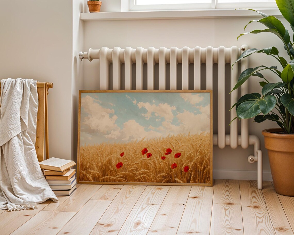 Golden Wheat Field Red Poppies Summer Landscape Oil Painting Poster - Image 4