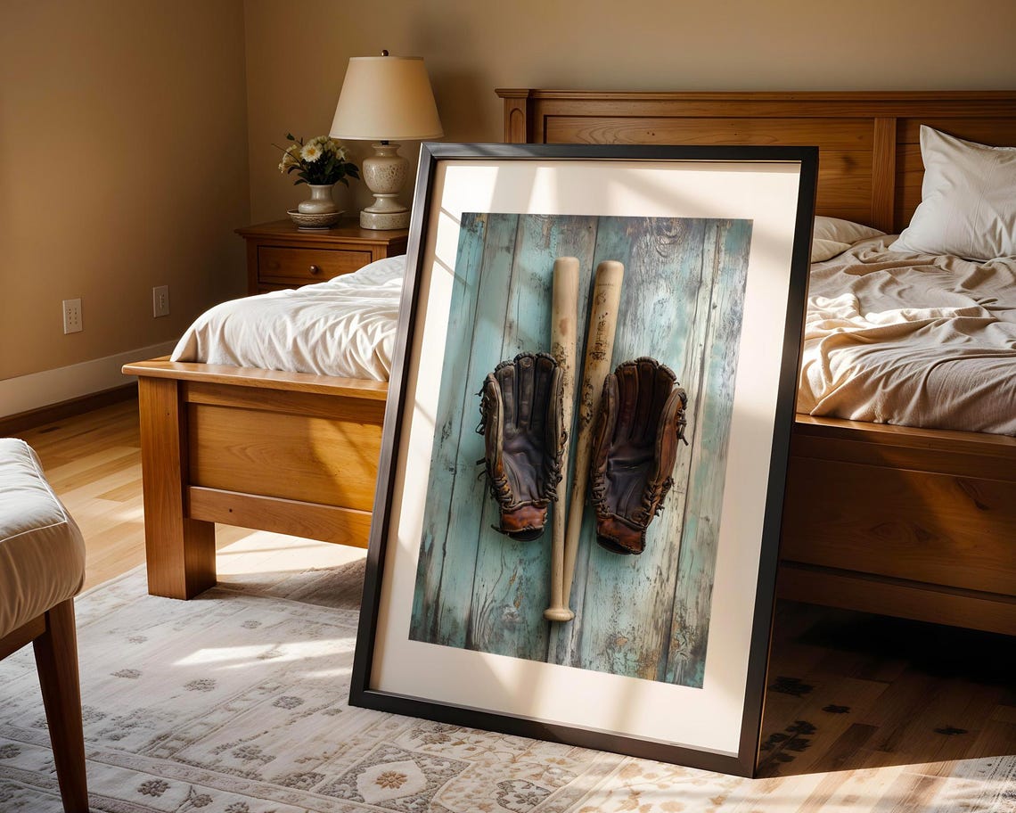 Vintage Baseball Gloves And Bats Rustic Teal Wood Art Poster - Image 4