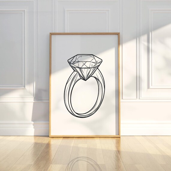 Minimalist Diamond Ring Wedding Line Art Pencil Sketch Drawing Trendy Poster Wall Print Modern Home Decor