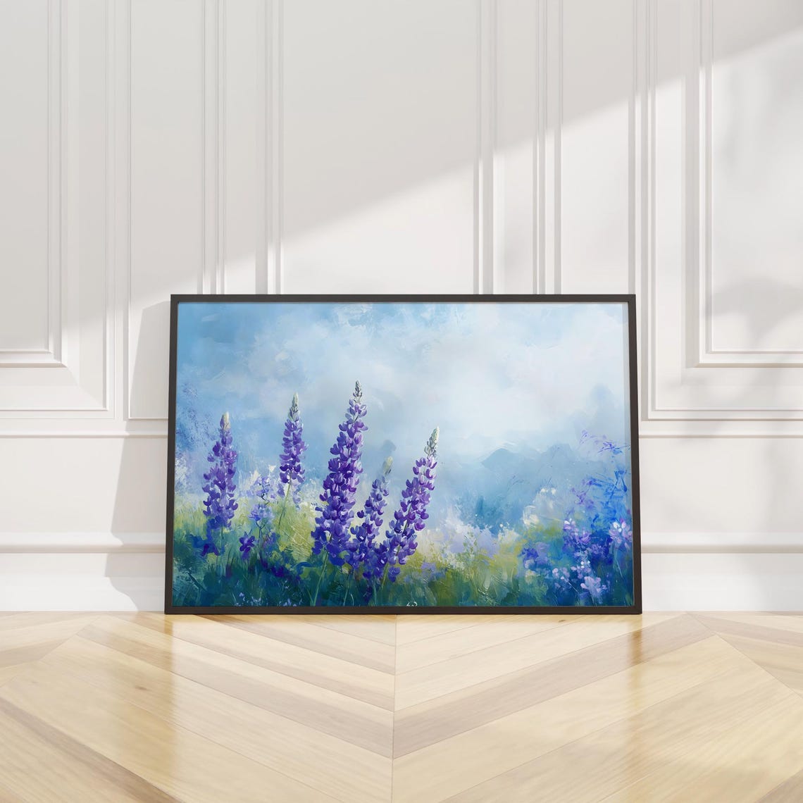 Tall Purple Lupines Blue Sky Impressionist Wildflower Meadow Poster