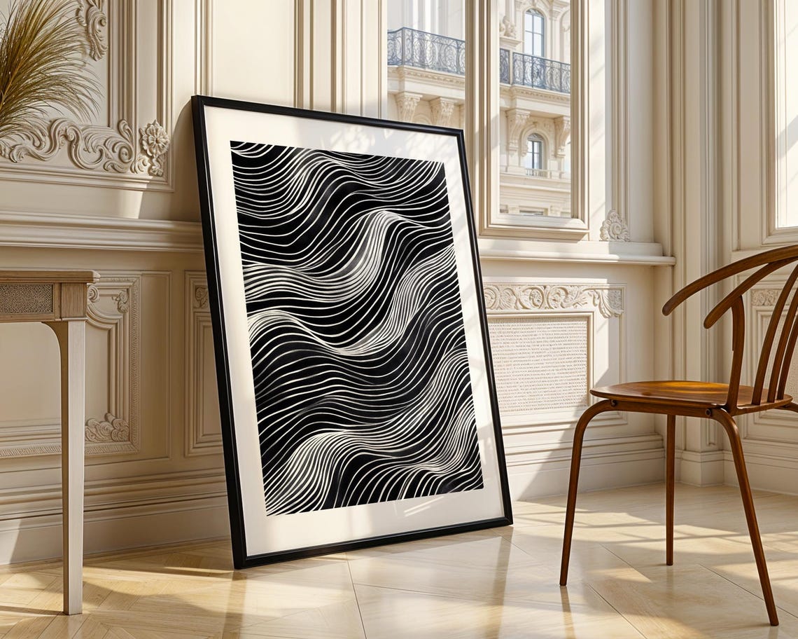 Abstract Ocean Waves Black White Line Art Modern Monochrome Poster - Image 4