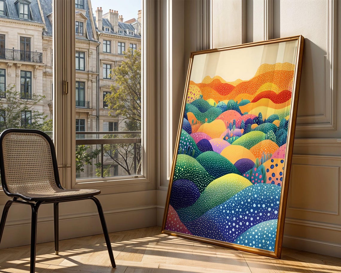 Colorful Rolling Hills Whimsical Dotted Fantasy Landscape Art Poster - Image 3