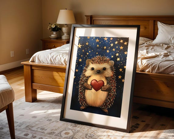 Cute Hedgehog Holding Heart Stars Night Sky Art Trendy Wall Room Decor Prints Print Nursery Gift