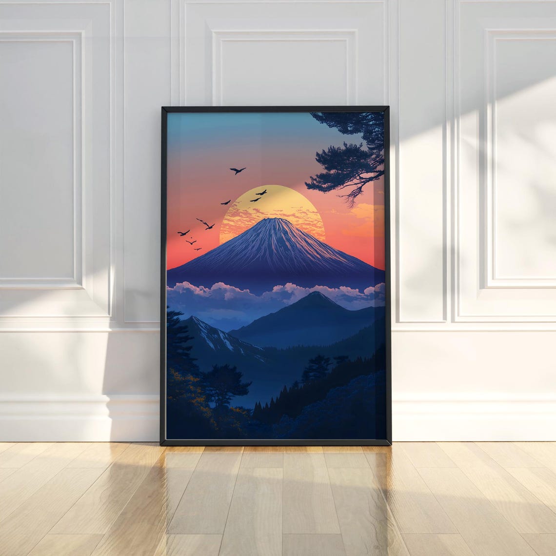 Mount Fuji Sunset Giant Golden Sun Birds Pine Silhouette Poster