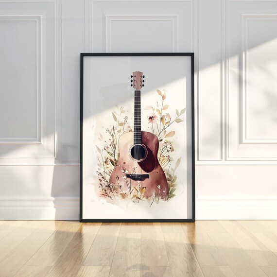 Acoustic Guitar Watercolor Blush Floral Botanical Romantic Music Poster