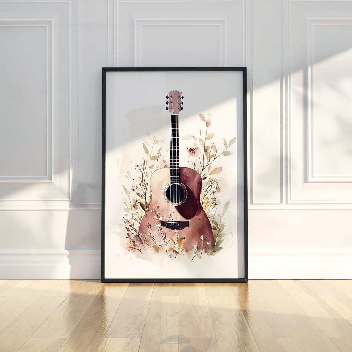 Acoustic Guitar Watercolor Blush Floral Botanical Romantic Music Poster