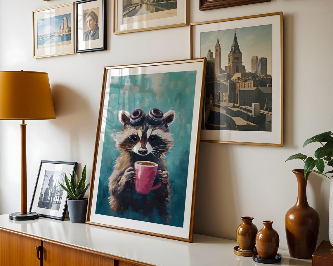 Whimsical Raccoon With Coffee Mug And Goggles Painting Poster - Image 6