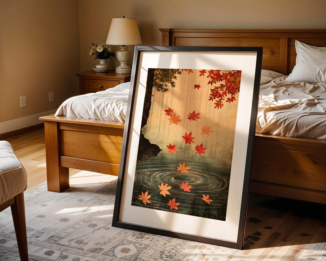 Japanese Maple Leaves Falling on Pond Art Poster in Ukiyo-e Style - Image 4
