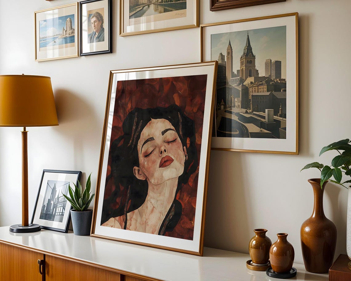 Woman With Closed Eyes Deep Red Expressive Portrait Art Poster - Image 3