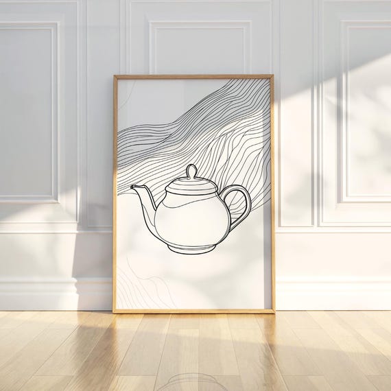 Minimalist Teapot Line Drawing Sketch Wall Art Print Black White Kitchen Dining Room Tea Lover Gift Modern Abstract Home Decor Beverage