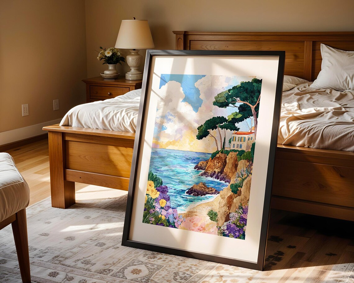 Seaside Villa On Rocky Cliffs Turquoise Coast Watercolor Landscape Poster - Image 3