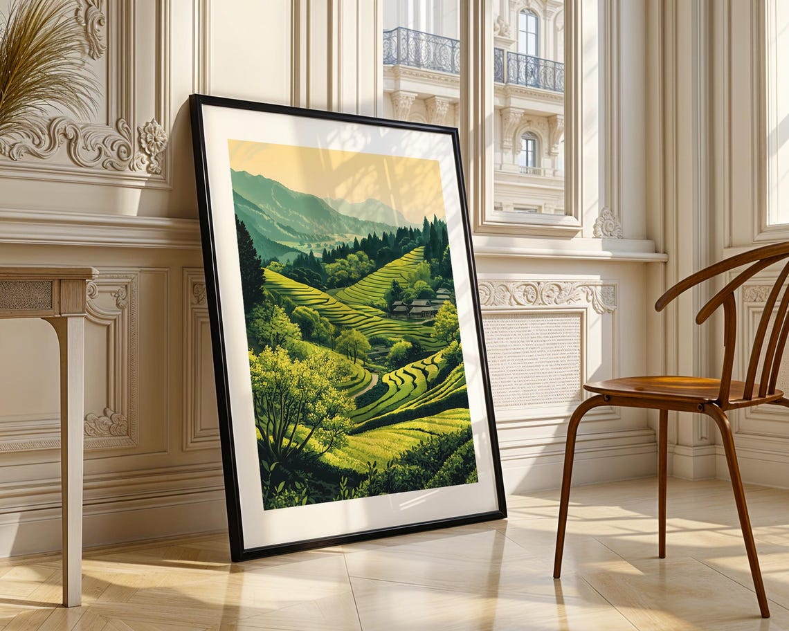 Lush Green Rice Terraces Sunny Valley Farmhouses Landscape Poster - Image 3