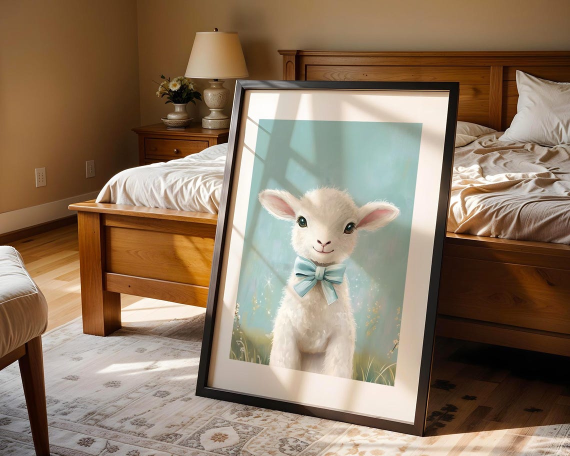Cute White Lamb With Blue Bow Tie Pastel Teal Nursery Wall Art