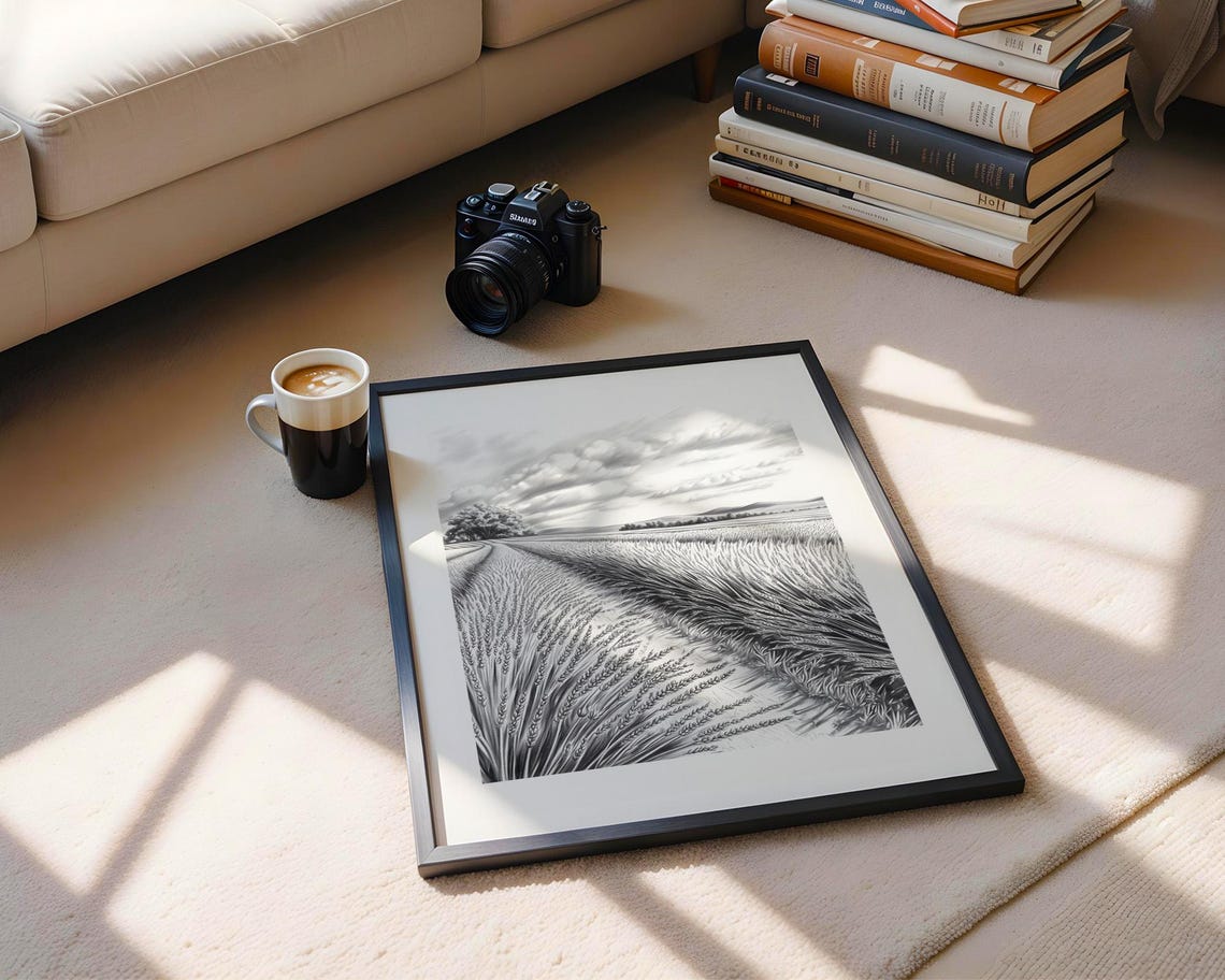 Expansive Wheat Field Monochrome Pencil Sketch Serene Rural Poster - Image 5