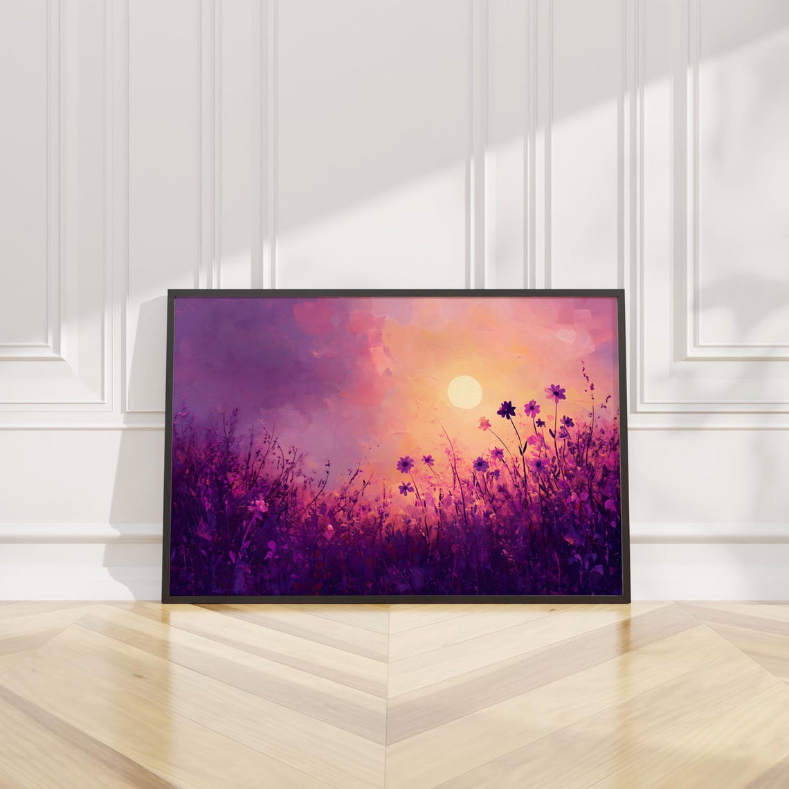 Purple Wildflower Field Sunset Moon Abstract Landscape Poster