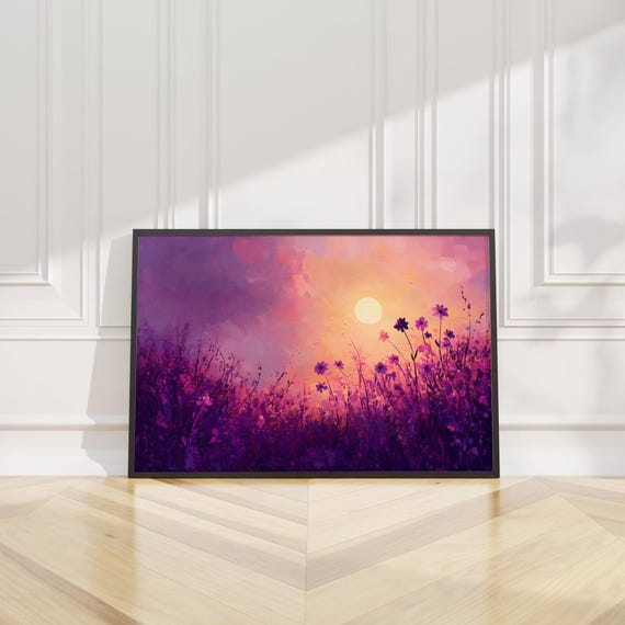 Dreamy Purple Floral Field Wall Art Print Painting Pink Flower Botanical Nature Modern Home Decor Living Room Bedroom Nursery Gift
