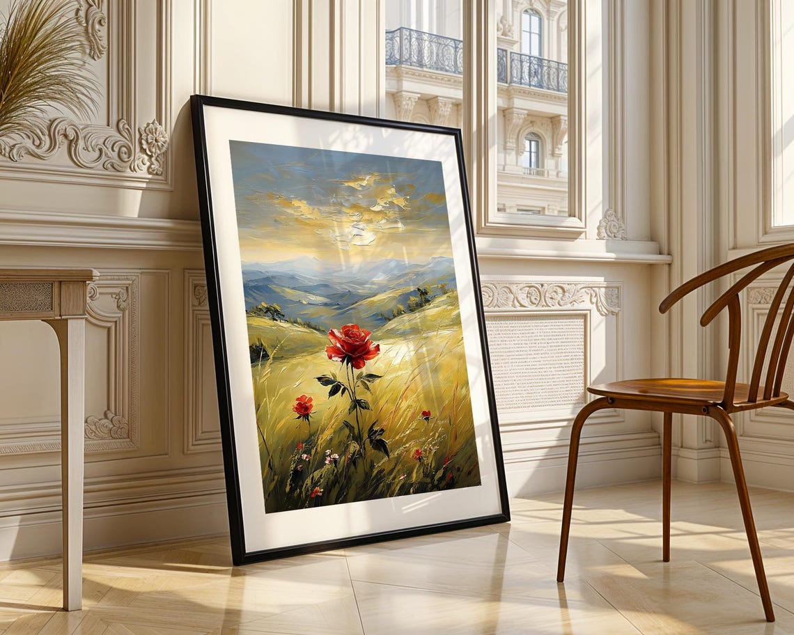 Red Rose Field Mountain Landscape Golden Sunset Oil Painting Poster - Image 3