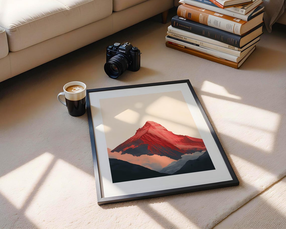 Bold Red Mountain Peak Above Misty Clouds Striking Modern Art Poster - Image 5