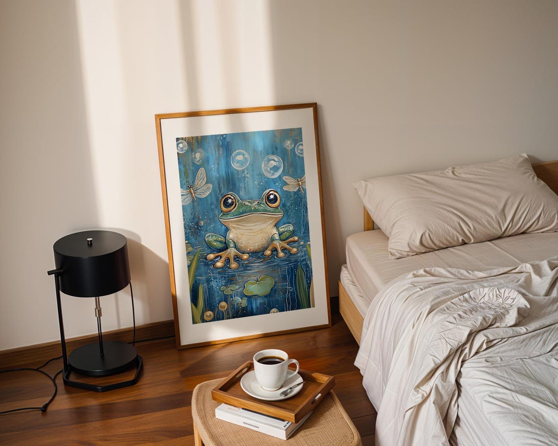 Adorable Tree Frog Bubbles Dragonflies Blue Pond Nursery Wall Art - Image 2