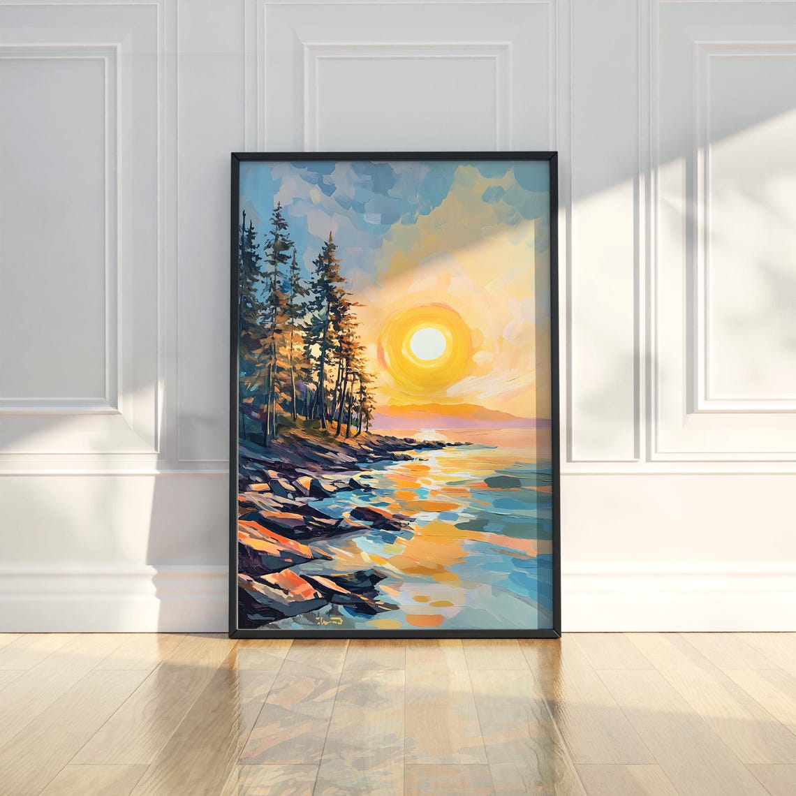 Golden Sunset Pine Coast Painting Poster for Warm Home Decor
