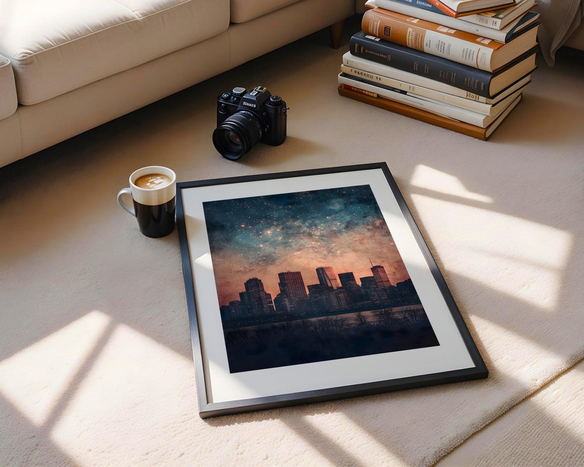 Starlit City Skyline Under Night Sky Celestial Urban Painting Poster - Image 5