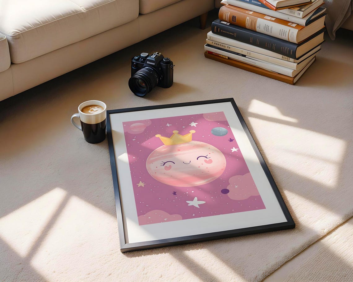 Cute Pink Planet with Golden Crown Smiling Face Nursery Art Poster - Image 5