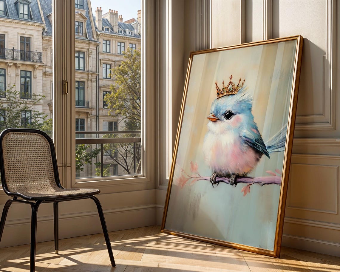 Crowned Blue Bird Pastel Painting Illustration Trendy Wall Art Modern Prints Bedroom Decor Nursery Print - Image 3