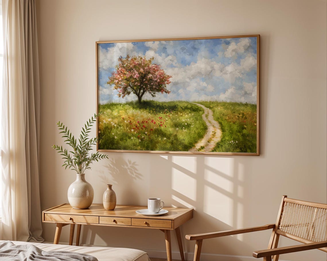 Blossoming Tree Green Hill Country Path Summer Landscape Wall Art - Image 5