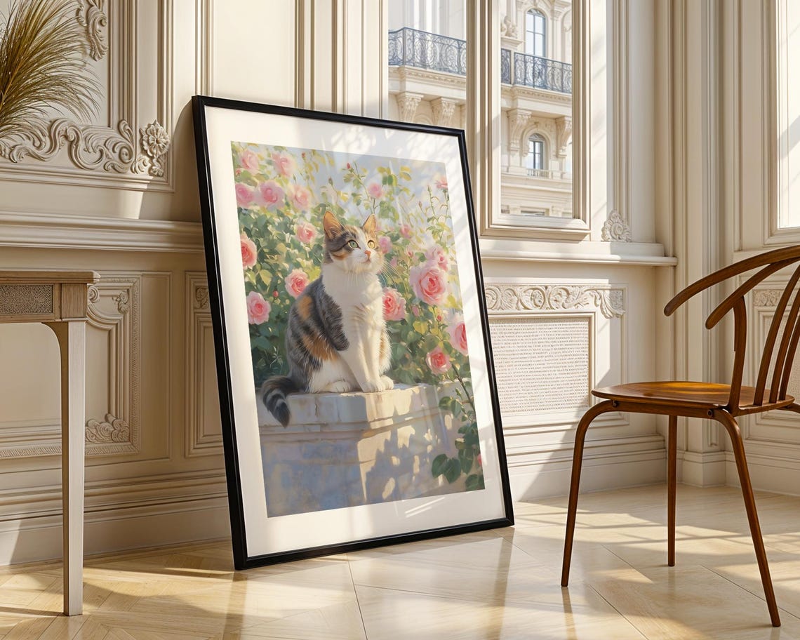 Tabby Cat Among Pink Roses Garden Watercolor Style Art Poster - Image 3