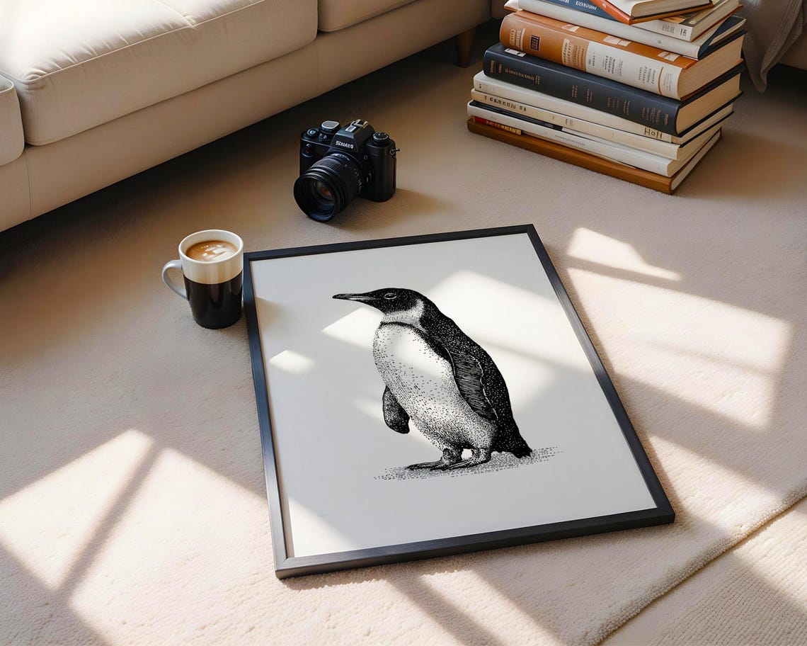 Penguin Vintage Engraving Black White Bird Illustration Poster - Image 6