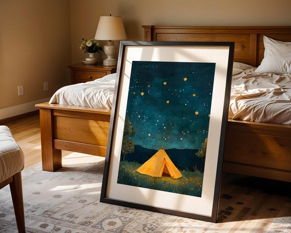 Camping Tent Starry Night Wall Art Print Cozy Outdoor Adventure Wilderness Nature Landscape Modern Home Decor