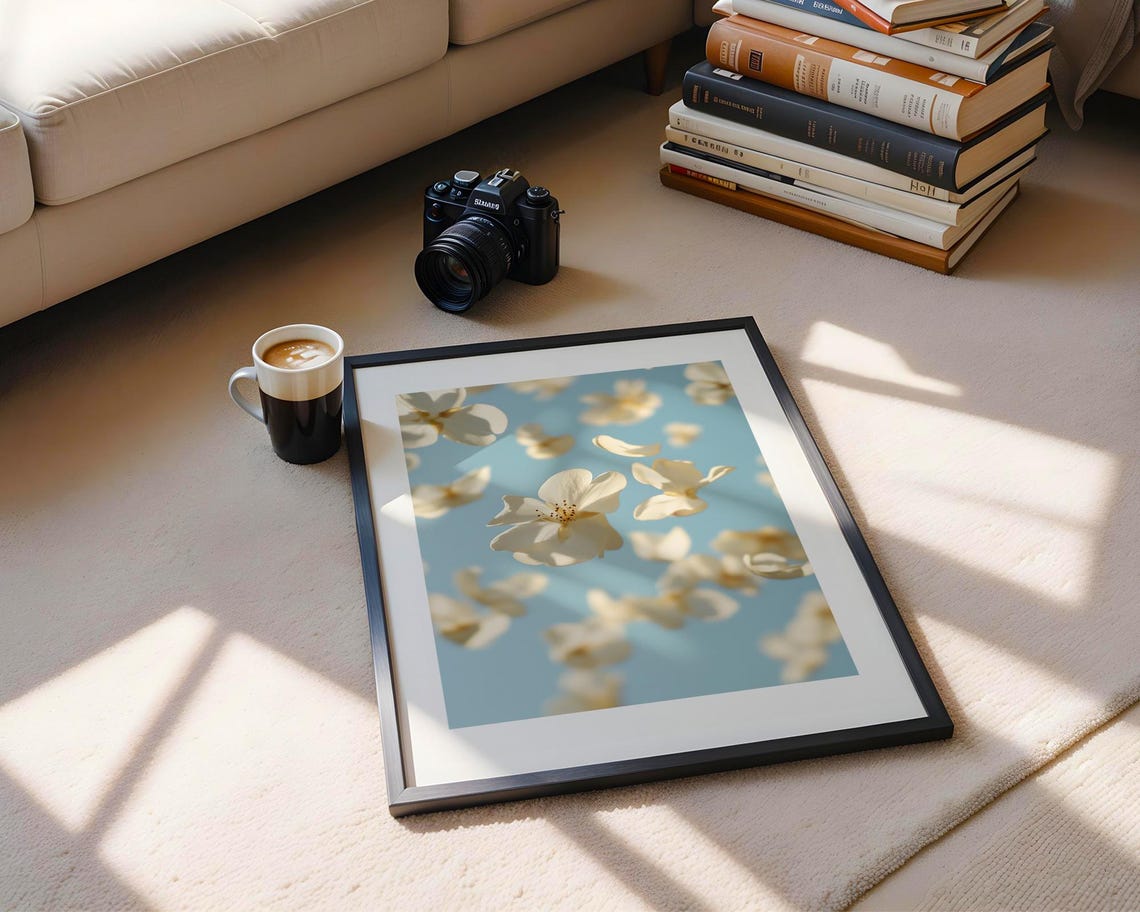 Dreamy White Spring Blossom Flowers Floating in Blue Sky Poster - Image 5