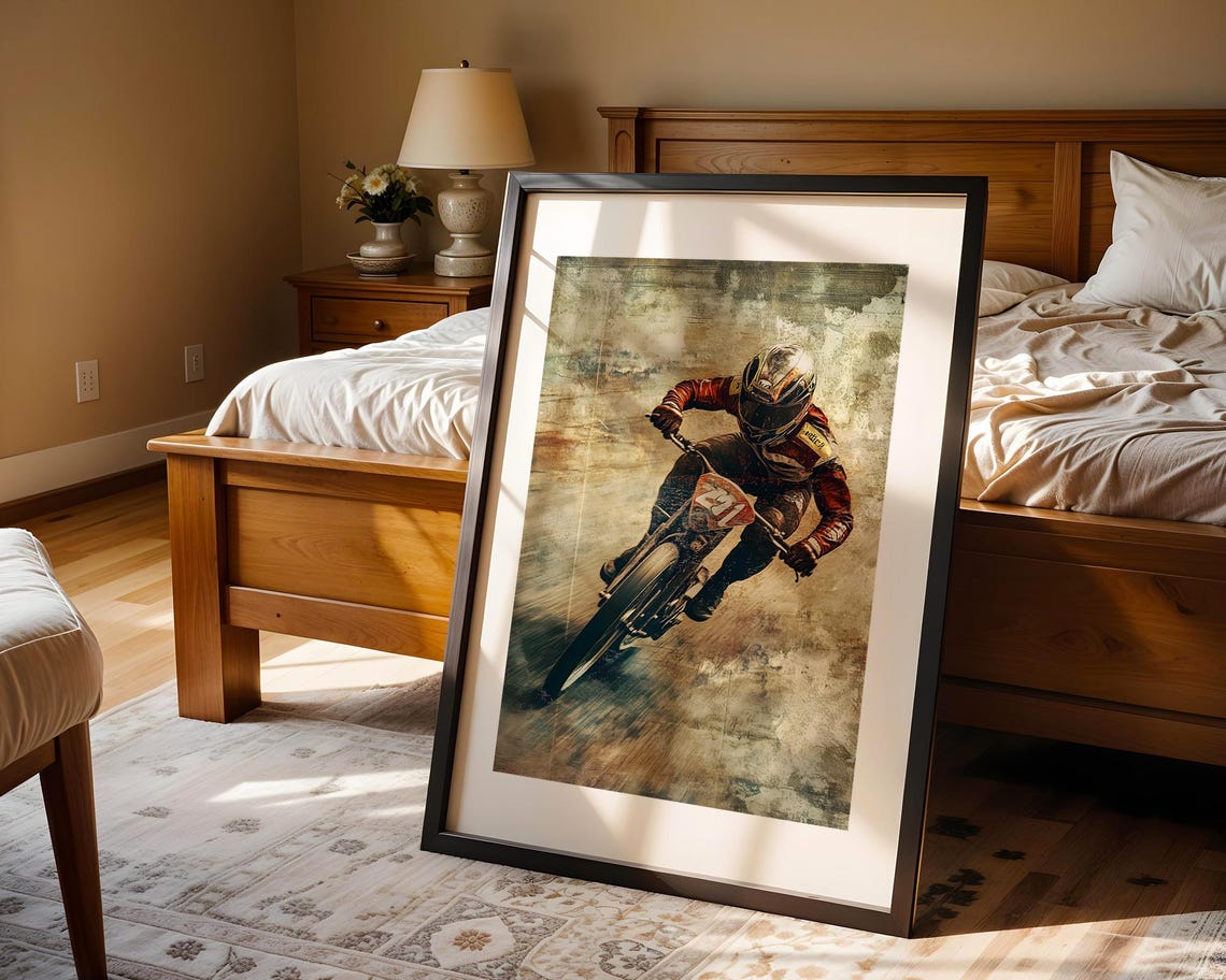 Vintage Dirt Track Motorcycle Racer Leaning Turn Retro Racing Poster