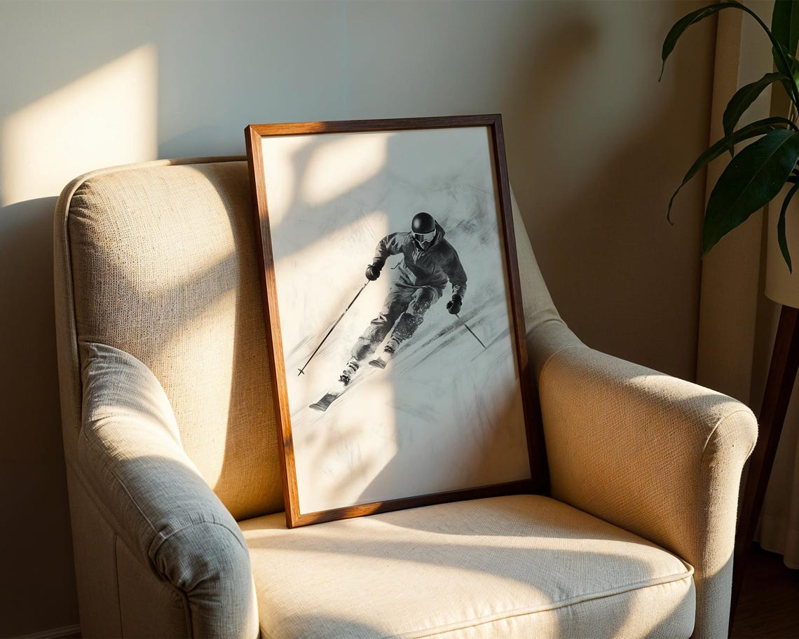 Speedy Dynamic Downhill Skier Black And White Sketch Sports Poster - Image 2