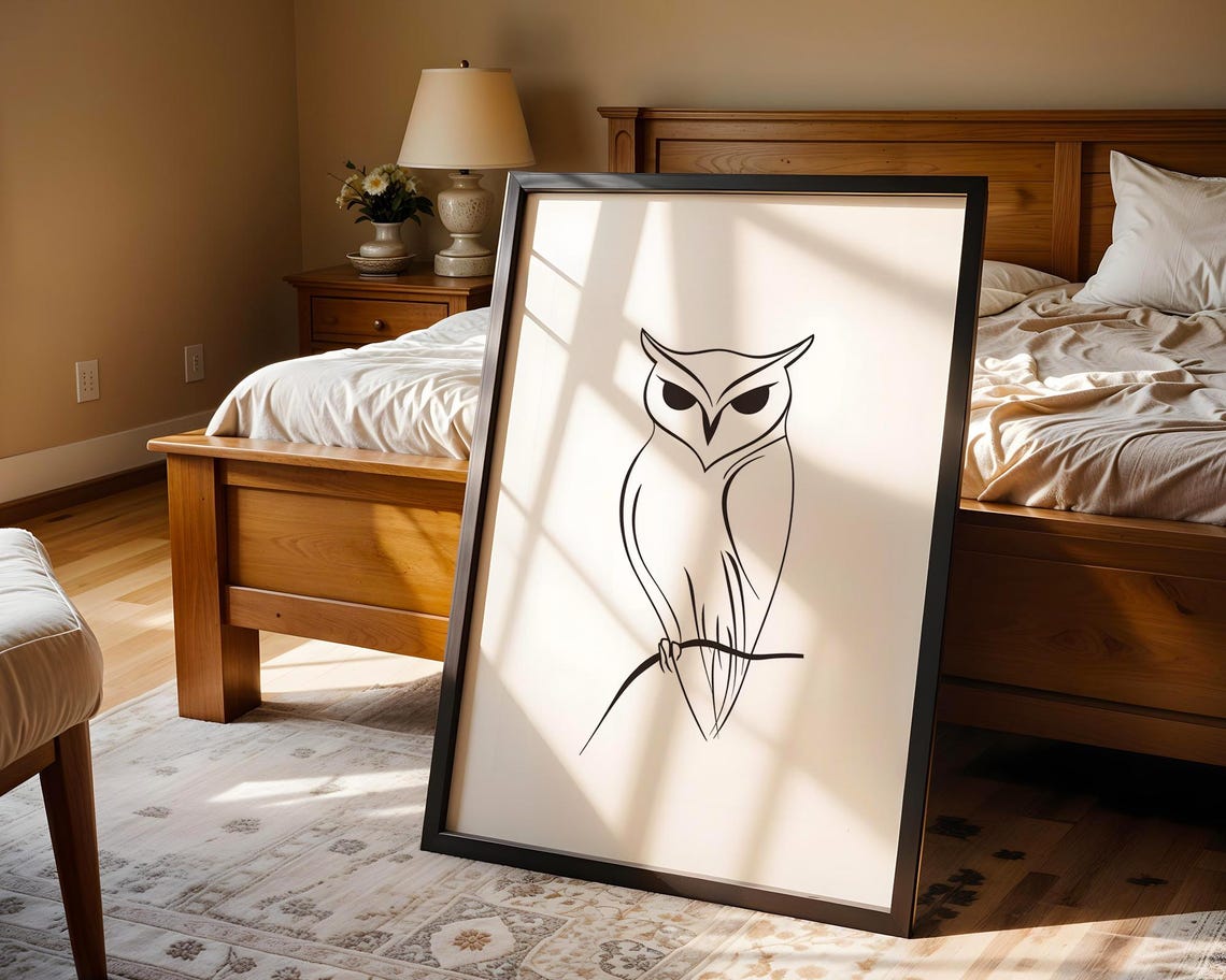 Wise Minimalist Owl Perched Branch Bold Line Art Bird Poster - Image 5