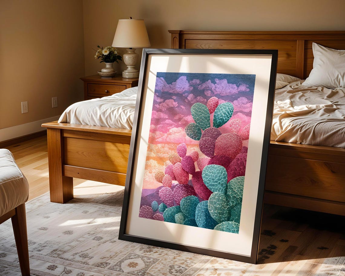Colorful Prickly Pear Cactus Sunset Pointillism Desert Poster - Image 4