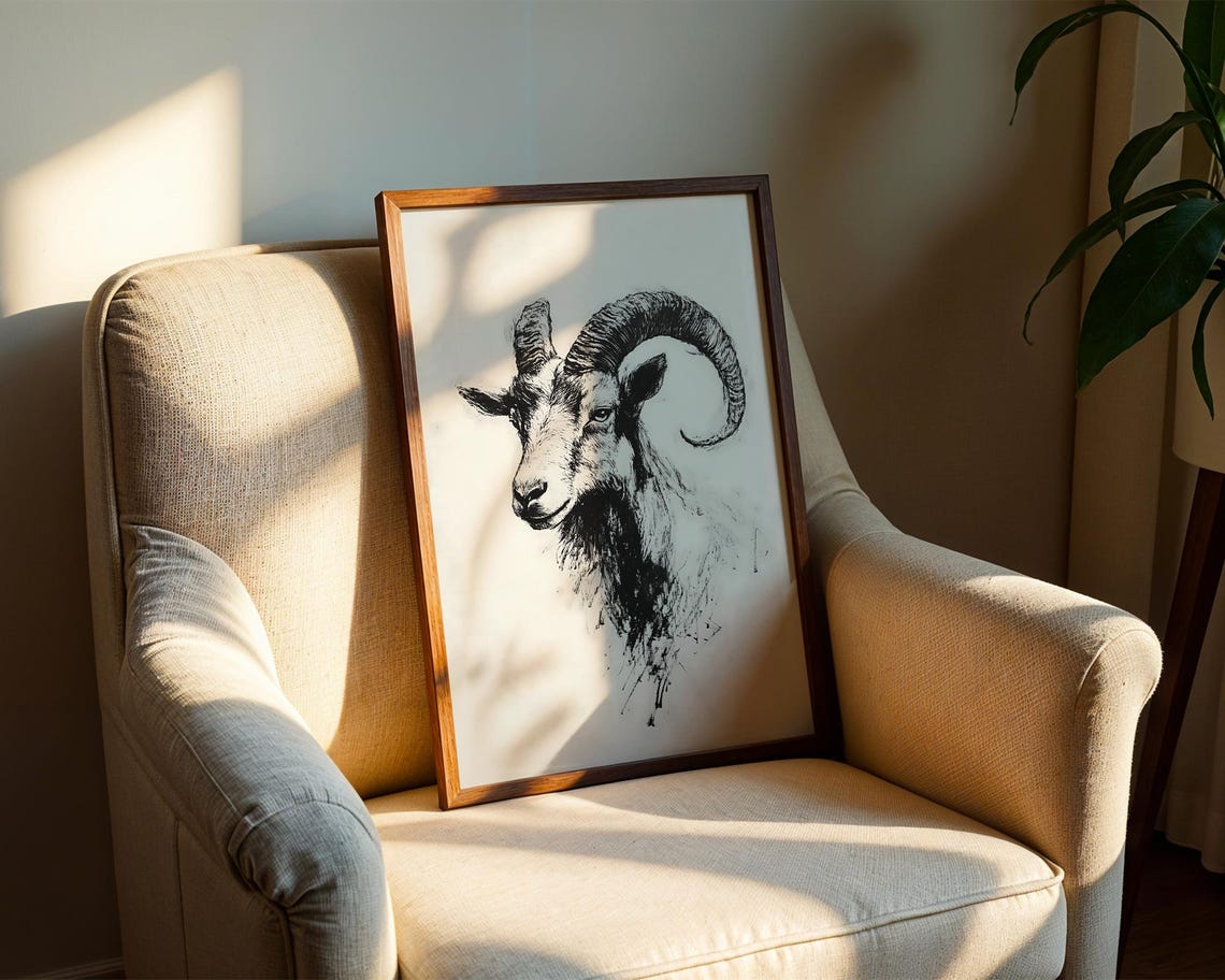 Ram Head With Curled Horns Charcoal Sketch Minimalist Poster - Image 2