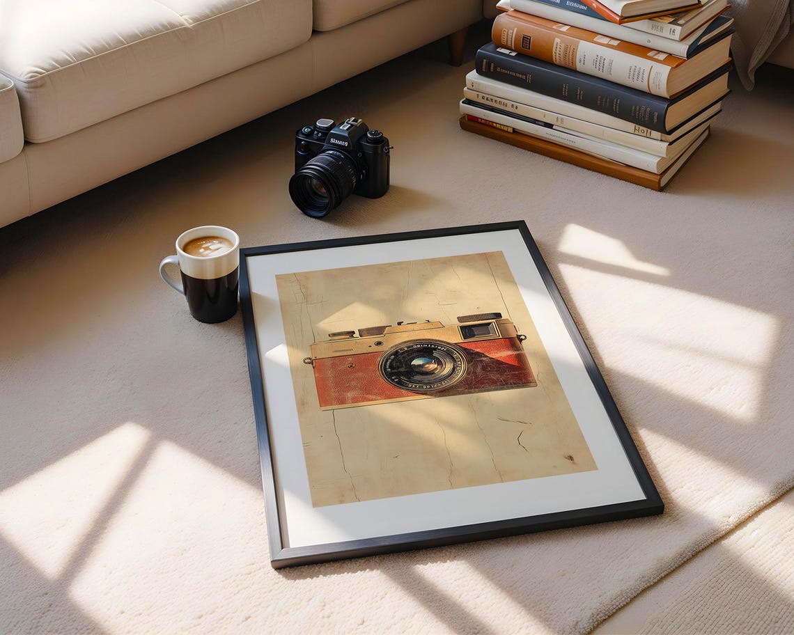 Vintage Rangefinder Camera Tan And Red Leather On Wood Poster - Image 6