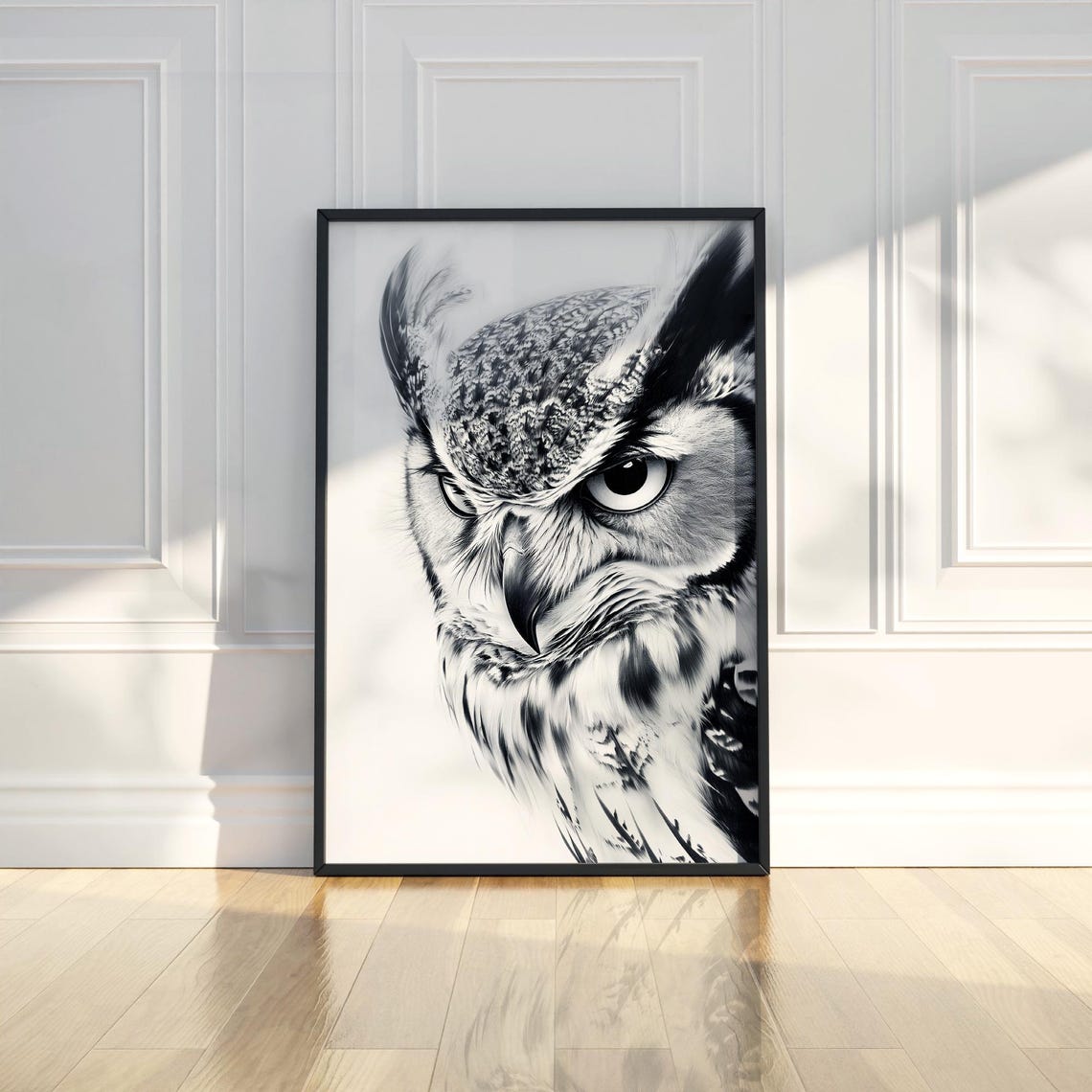 Intense Great Horned Owl Closeup Monochrome Wildlife Sketch Poster