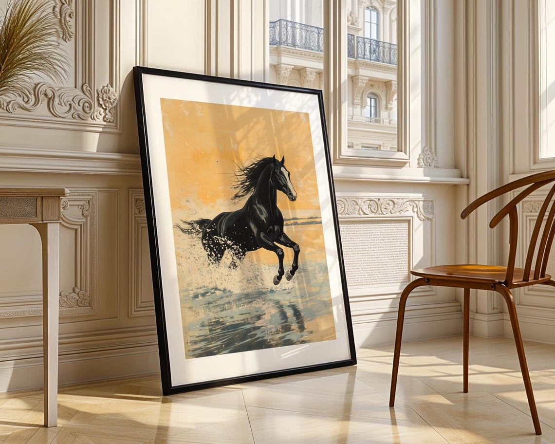 Black Horse Galloping Through Water Golden Sky Painting Poster - Image 3