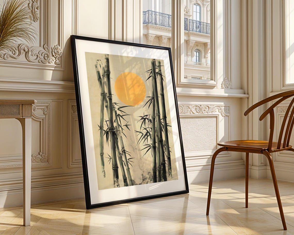 Serene Bamboo Forest Golden Sun Japanese Ink Wash Painting Poster - Image 4