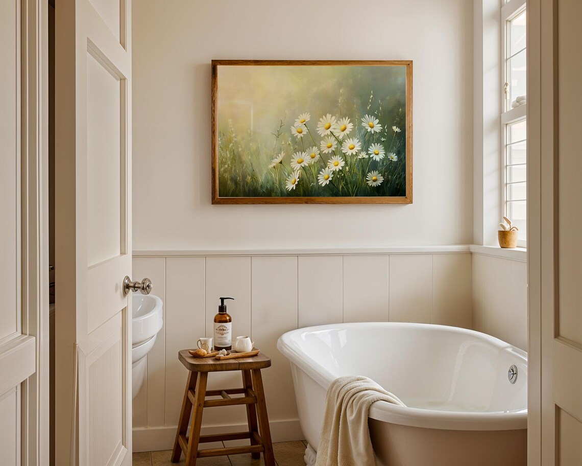 Daisy Meadow In Golden Morning Light Soft Romantic Floral Painting Poster - Image 3